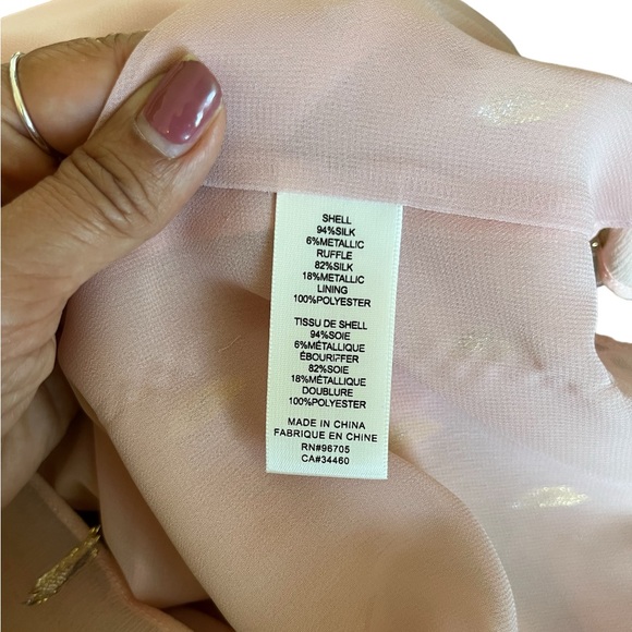 Rebecca Taylor Powder Pink and Gold Metallic Silk Flutter Sleeve Blouse Size 6 - Picture 6 of 10